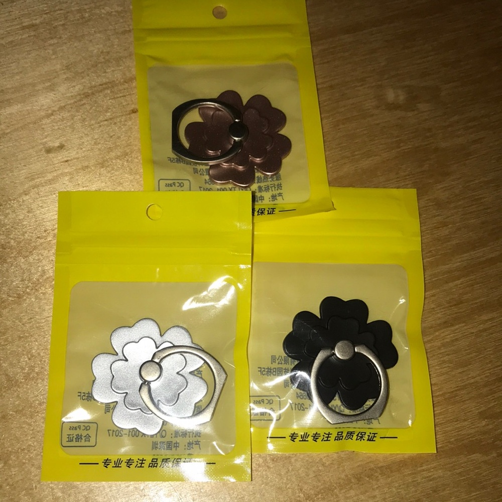 3 Flower Cell Phone Ring Set - Silver, Black and Pink